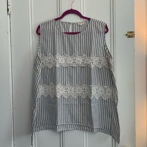Linen look ticking stripe sleeveless blouse with lace stripes